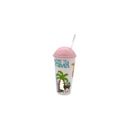 Plastic Tumbler With Straw Time To Travel Design 600ml
