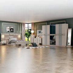 Modern Luxury High Head Bedroom Set (180x200cm Bedset, 1 Wardrobe With 8 Doors, 2 Side Table, 1 Chest Drawer, 1 Dressing Table With Chair, 1 Mirror)