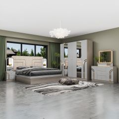 Double Bedroom Set-180x200cm (Bed + 1x6Doors Wardrobe + 2xNight Stand + Dressing Table With Stool)