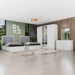 Modern Bed Room Set (Twin Bed + 1 Side Table + 1 Dressing Table + 6 Doors Wardrobe)