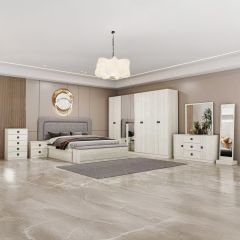 Modern Bedroom Set 180x200cm (2Side Table,Dressing Table,8 Doors Wardrobe,Chest Drawer,Mirror)