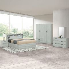 Modern Queen Bed Room Set (1 Bed, 1x4 Door Wardrobe, 2 Side Table, 1 Dresser & Stool)