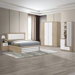 Modern Queen Bed Room Set (1 Bed, 1x4 Door Wardrobe, 2 Side Table, 1 Dresser & Stool)