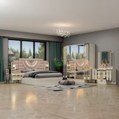 Bedroom Set (King Bed 180X200cm, 2 Side Tables, Dressing Table with Chair And 6 Doors Wardrobe)