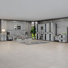 Modern Luxury High Head Bedroom Set (180x200cm Bedset, 1 Wardrobe With 8 Doors, 2 Side Table, 1 Chest Drawer, 1 Dressing Table With Chair, 1 Mirror)