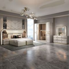 Modern Double Bed Room Set (180x200cm Bedset, 1x6 Doors Wardrobe, 2 Side Table, 1 Dressing Table)