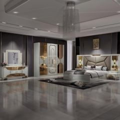 Modern High Head Bedroom Set (1 King Size Bed, 6 Doors Wardrobe, 2 Night Stand, 1 Dressing Table)