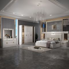 Modern Double High Head Bed Room Set (180x200cm Bedset, 1x6 Doors Wardrobe, 2 Side Table, 1 Dressing Table)