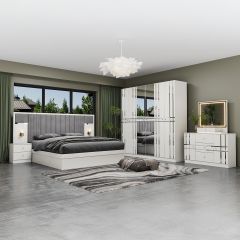 Double Bedroom Set-180x200cm (Bed + 1x6Doors Wardrobe + 2xNight Stand + Dressing Table With Stool)