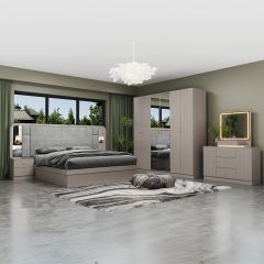 Double Bedroom Set-180x200cm (Bed + 1x6Doors Wardrobe + 2xNight Stand + Dressing Table With Stool)