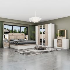 Double Bedroom Set-180x200cm (Bed + 1x6Doors Wardrobe + 2xNight Stand + Dressing Table With Stool)