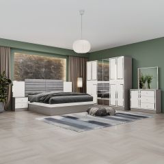 Double Bedroom Set-180x200cm (Bed + 1x6Doors Wardrobe + 2xNight Stand + Dressing Table With Stool)