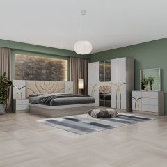 Double Bedroom Set-180x200cm (Bed + 1x6Doors Wardrobe + 2xNight Stand + Dressing Table With Stool)