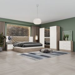 Double Bedroom Set-180x200cm (Bed + 1x6Doors Wardrobe + 2xNight Stand + Dressing Table With Stool)