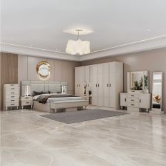 Bedroom Set (King Bed 180X200cm, 8 Doors Wardrobe, 2 Side Table, Dressing Table, Chest Drawers)