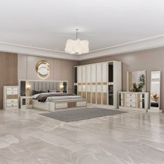 Bedroom Set (King Bed 180X200cm, 8 Doors Wardrobe, 2 Side Table, Dressing Table, Chest Drawers)