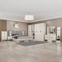 Bedroom Set (King Bed 180X200cm, 8 Doors Wardrobe, 2 Side Table, Dressing Table, Chest Drawers)