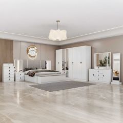Bedroom Set (King Bed 180X200cm, 8 Doors Wardrobe, 2 Side Table, Dressing Table, Chest Drawers)
