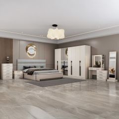 Modern Bedroom Set 180x200cm (2Side Table,Dressing Table,8 Doors Wardrobe,Chest Drawer,Mirror)