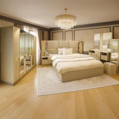 Modern Bedroom Set (1 Bed 180x200cm, 2 Night Stand, 1 Dressing Table With Stool, 1 Stand Mirror, 6 Door Wardrobe)