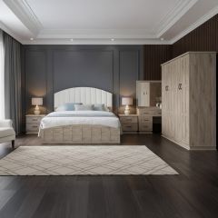 Modern Wooden Bedroom Set (150x200cm Bed, 1x4 Door Wardrobe, 2 Night Stands, 1 Dressing Table) 